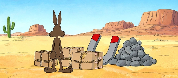 A silent coyote orders giant magnets and dehydrated boulders from a fictional mail-order company.