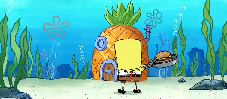 Which iconic yellow hero lives in a pineapple under the sea and works as a fry cook?